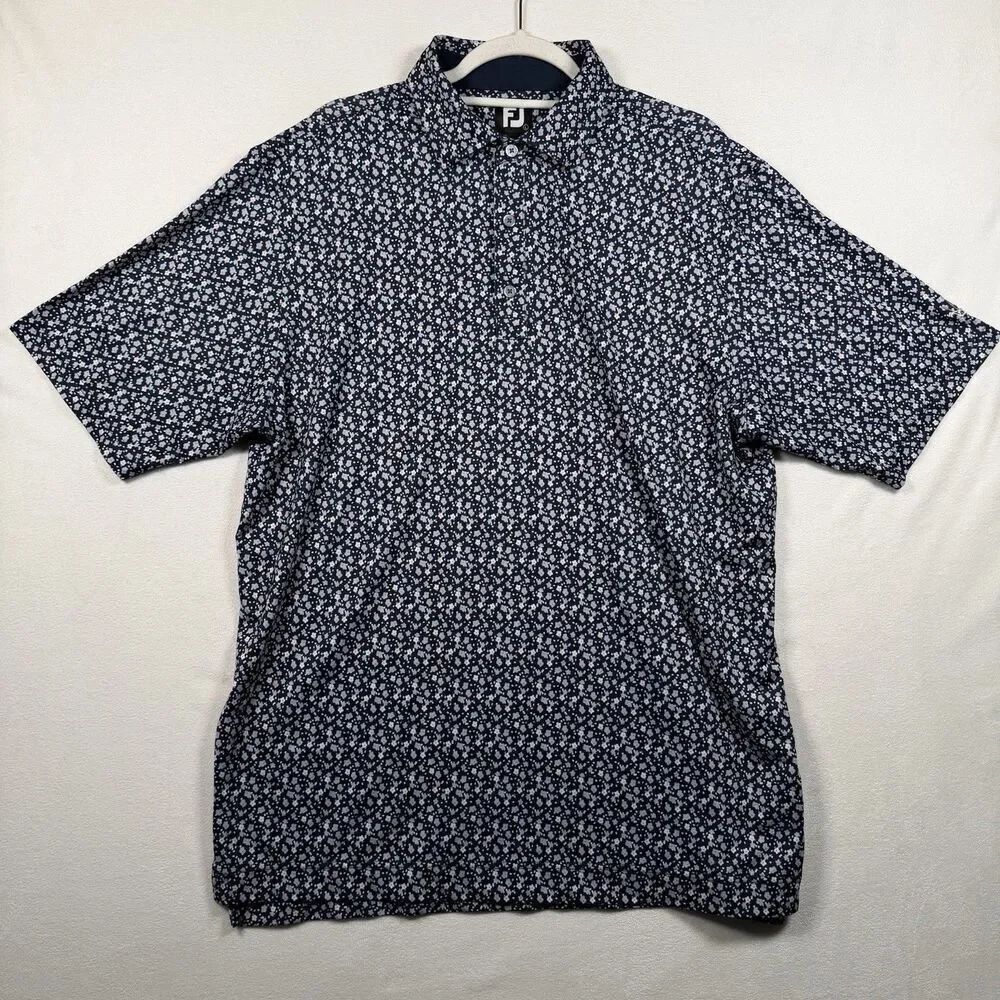 FootJoy Polo Shirt Mens Large Blue Floral Print Golf Performance Stretch FJ